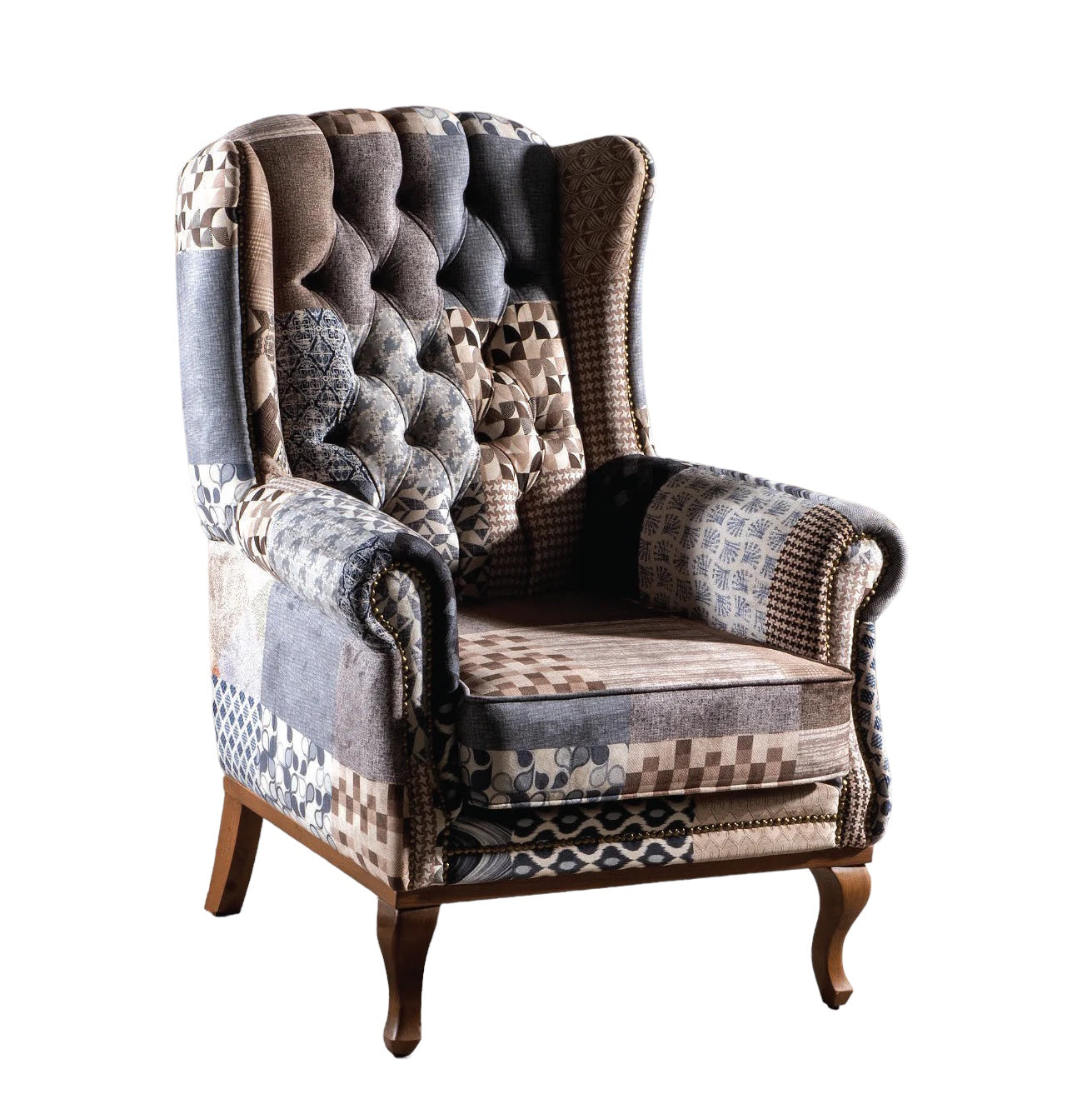 Quinn Fireside Chair - Blue & Neutral Patchwork
