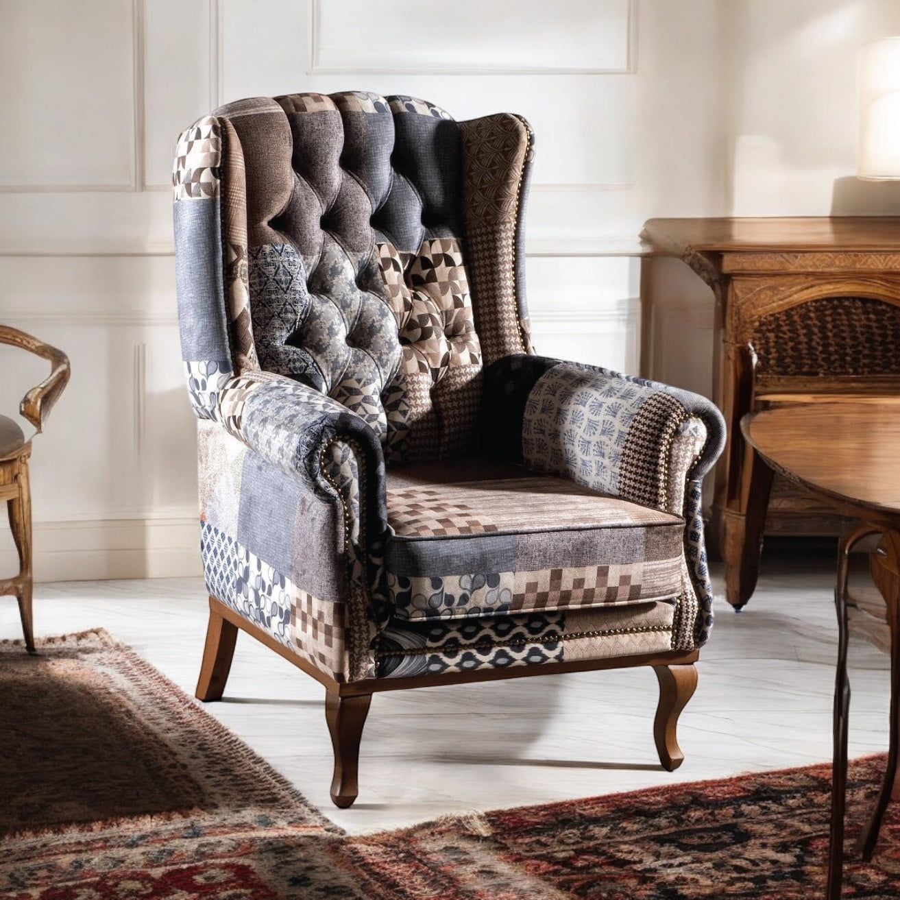 Quinn Fireside Chair - Blue & Neutral Patchwork