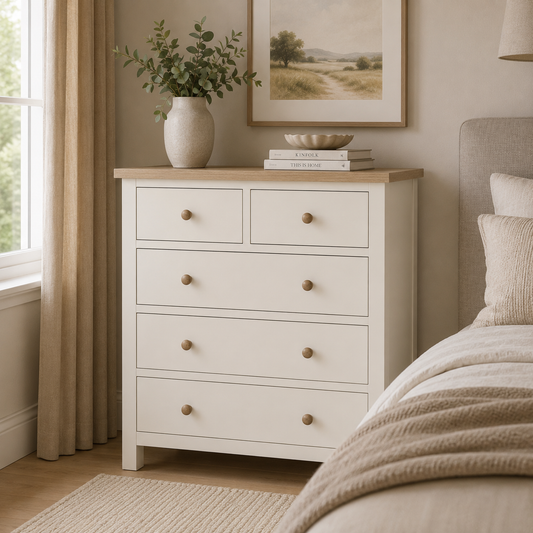 Country Oak Five Drawer Chest - Coconut Milk & Oak