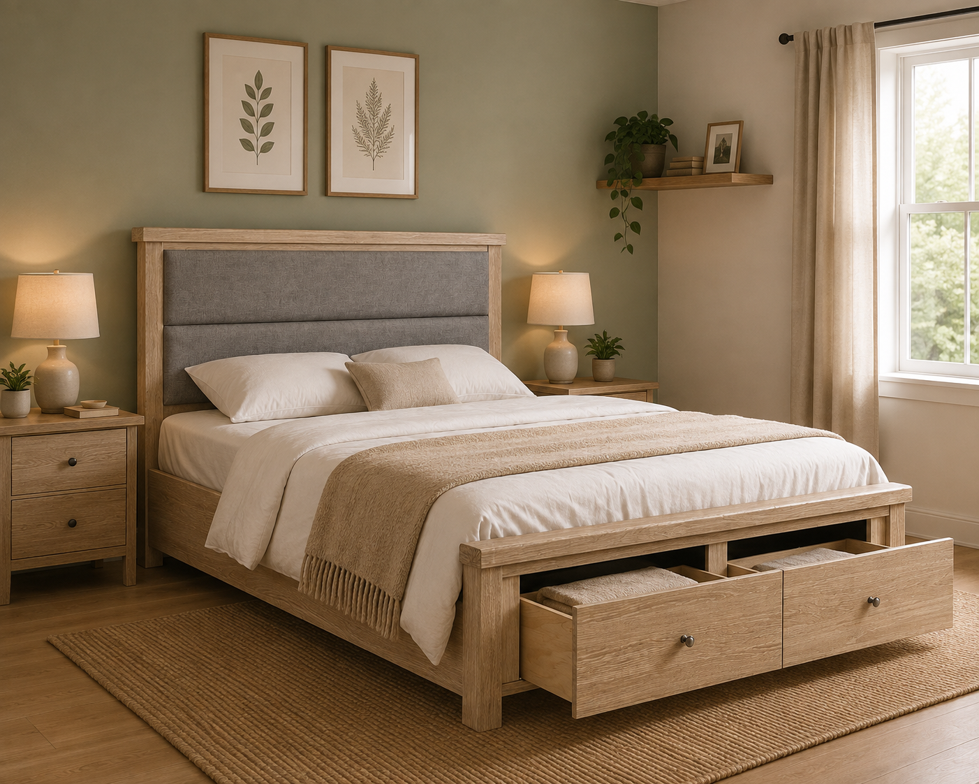 Toronto Storage Bed Frame - White Wash / Grey Headboard (3x Size Options)
