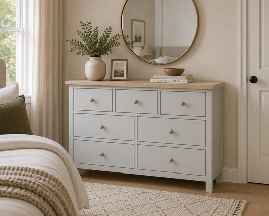 Country Oak Seven Drawer Chest - Grey & Oak