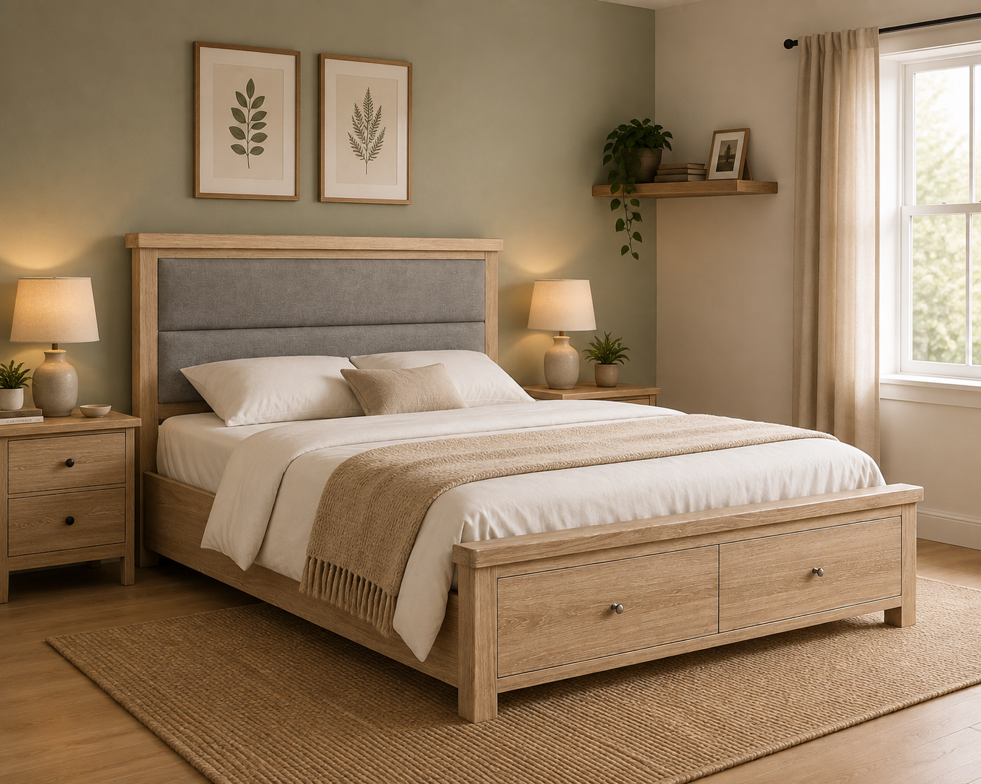 Toronto Storage Bed Frame - White Wash / Grey Headboard (3x Size Options)