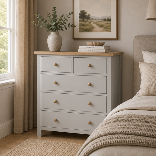 Country Oak Five Drawer Chest - Grey & Oak