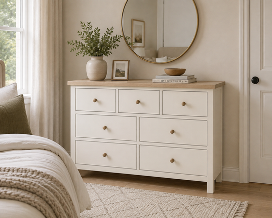 Country Oak Seven Drawer Chest - Coconut Milk & Oak