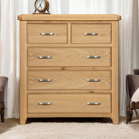 Modern Chunky Oak Five Drawer Chest