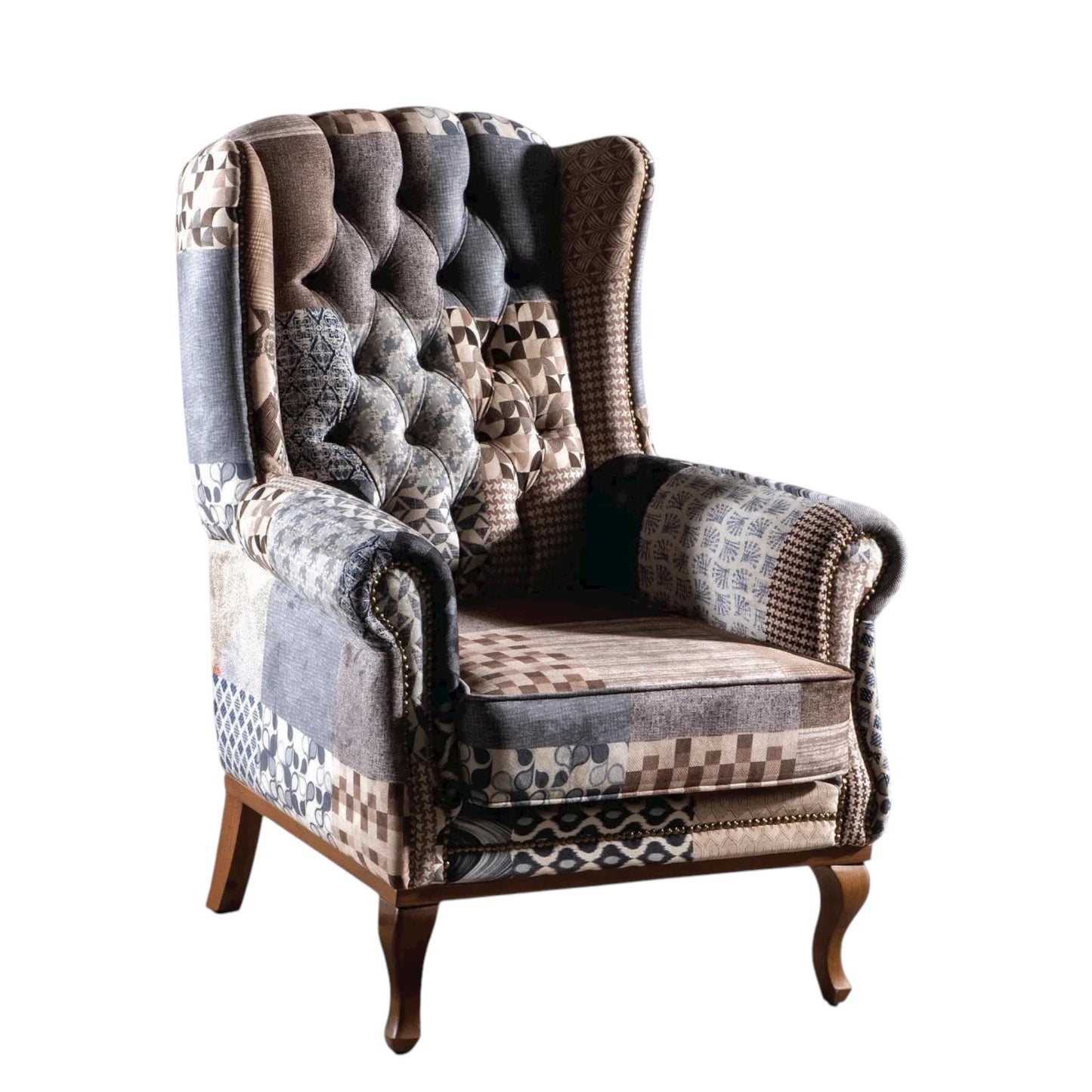 Quinn Fireside Chair - Blue & Neutral Patchwork