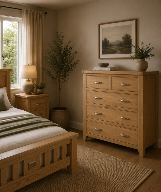 Modern Chunky Oak Five Drawer Chest