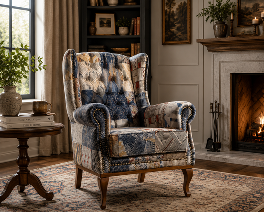 Quinn Fireside Chair - Blue & Neutral Patchwork