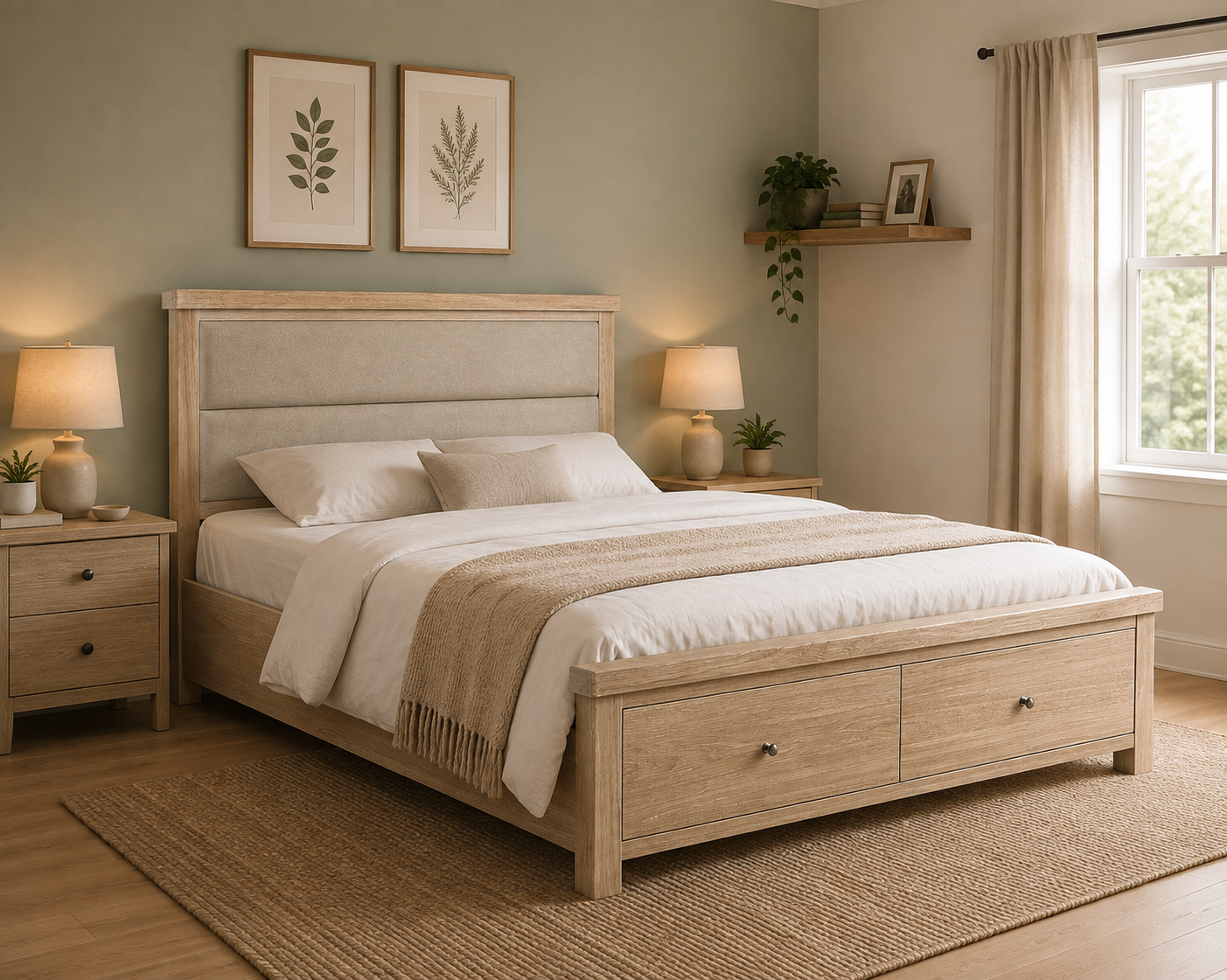 Toronto Storage Bed Frame - White Wash / Cream Headboard (3x Size Options)