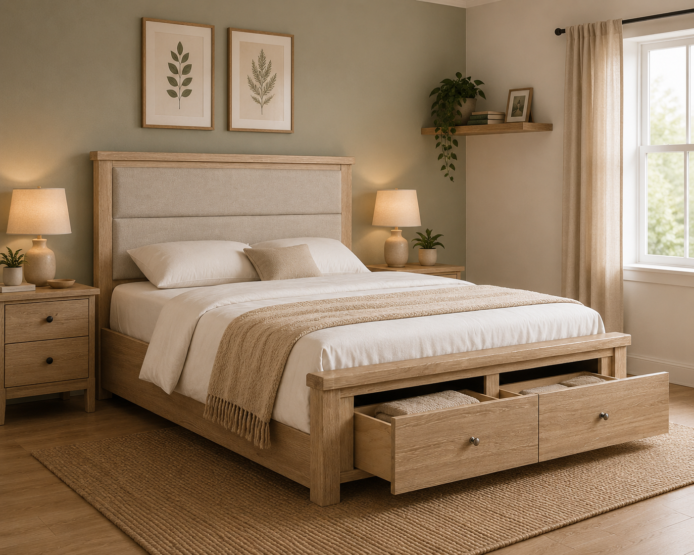 Toronto Storage Bed Frame - White Wash / Cream Headboard (3x Size Options)